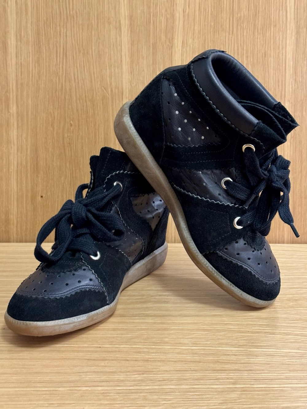 Isabel Marant Betty Hidden-Wedge Heel Black Leather High-Top Sneakers, EU39/US9